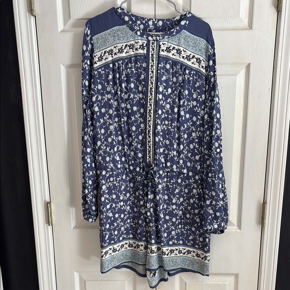LOFT Blue and White Floral Romper with Relaxed Fit